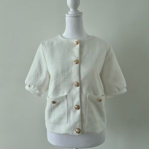 Women's Short-Sleeve Bouclé Jacket with Gold Buttons - White